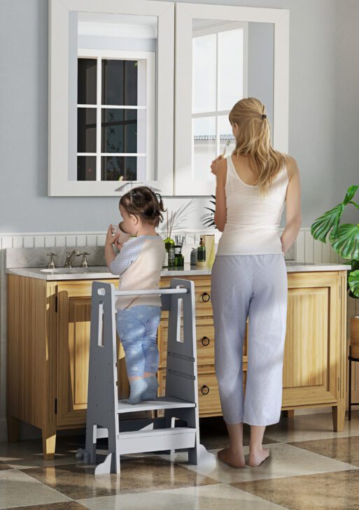 Height Adjustable Toddler Tower w/ Safety Rail, Handlbar, for Bathroom, Kitchen, Gray