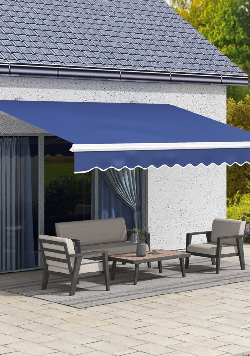 13' x 8' Patio Awning, Manual Retractable Sun Shade with UV Protection and Easy Crank Opening, Dark Blue