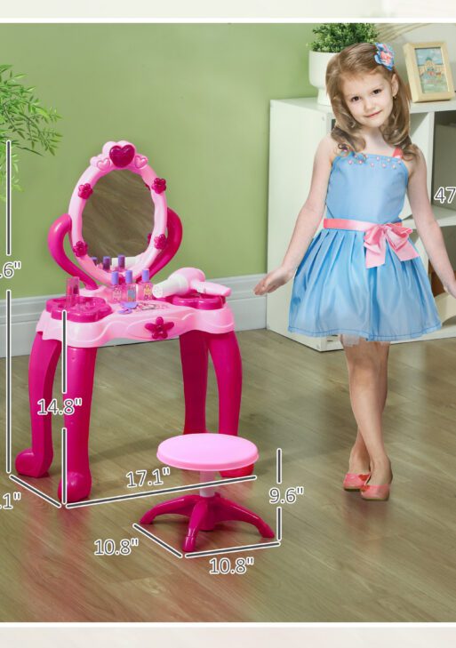 Kids Vanity Set with Mirror and Stool, Light and Sound, 15 Accessories, Pink