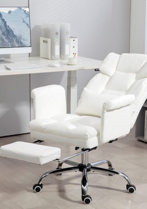 Executive Office Chair with Footrest and Lumbar Support, PU Leather Desk Chair, Ergonomic, Reclining and Swivel, White