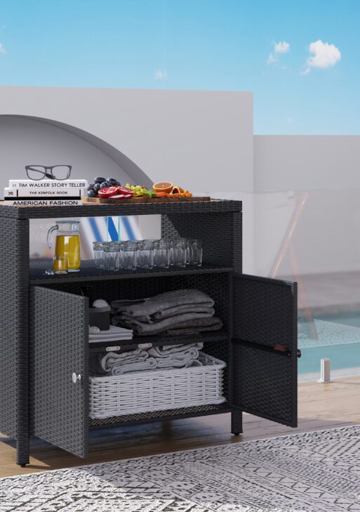 Outdoor Storage Cabinet with Acacia Wood Top, Two Doors, Shelf, Wicker Bar Table for Pool Towel Storage, Black