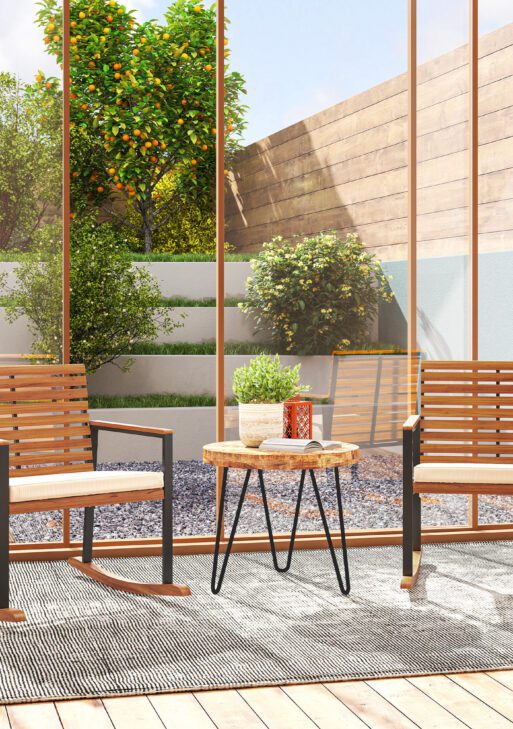 Acacia Wood Outdoor Lawn Rocking Chair Set of 2, Outdoor Patio Rocking Chairs with Armrests, Cushion, Cream White