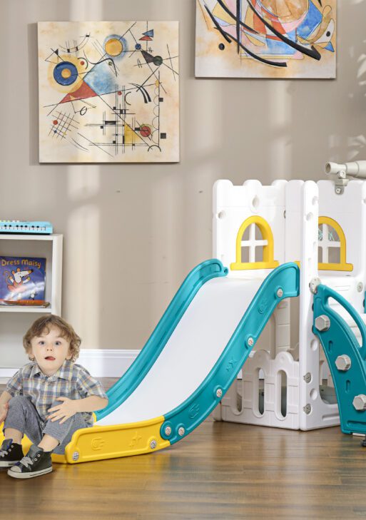 5 in 1 Toddler Slide with Basketball Hoop, Climber, Telescope & Storage Baskets for 1-3 Years Olds, Yellow