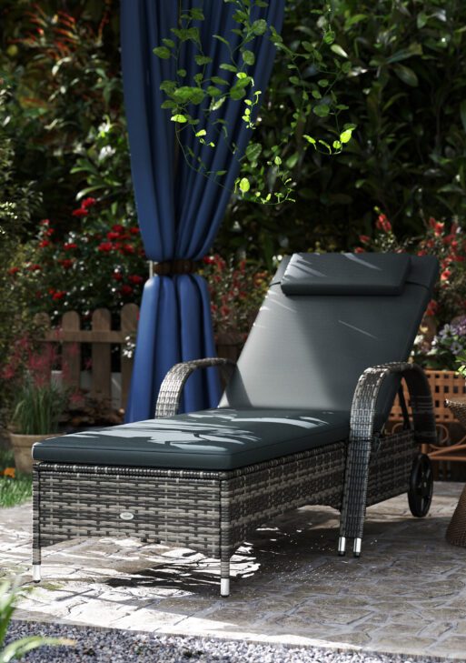 Outdoor Chaise Lounge, 5-Level Adjustable Backrest Rattan Pool Lounge Chair with Wheels, Cushion & Headrest, Black