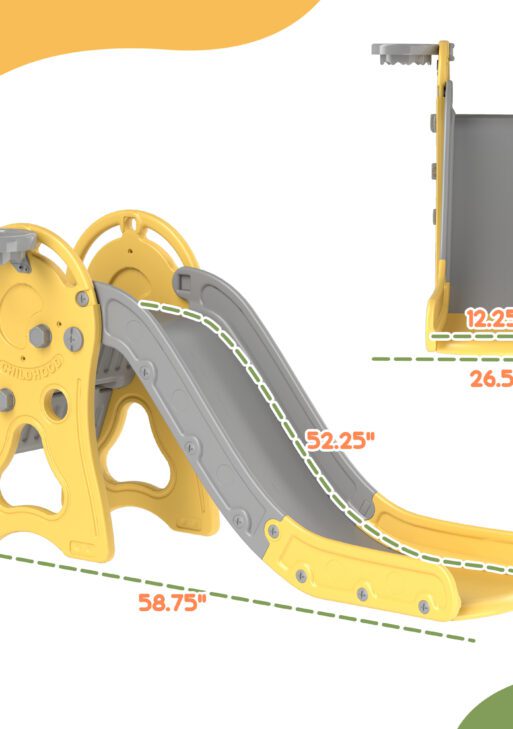 3 in 1 Toddler Slide with Basketball Hoop, Climber, Duck Pattern for Kids 1-3 Years, Yellow