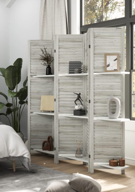 5 Panel 67" Tall Wood Privacy Screen Room Divider with 3 Shelves and Folding Storage for Bedroom, Distressed White