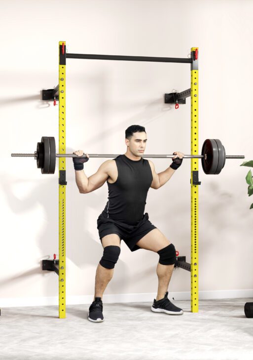 Folding Squat Rack with Pull Up Bar, Wall Mounted and Adjustable, 1000 Pounds Capacity Power Rack, Yellow