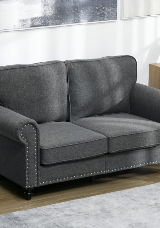 Mid Century Modern Loveseat Sofa, 2 Seater Small Couch with Nailhead Trim, for Living Room, Bedroom, Charcoal Gray