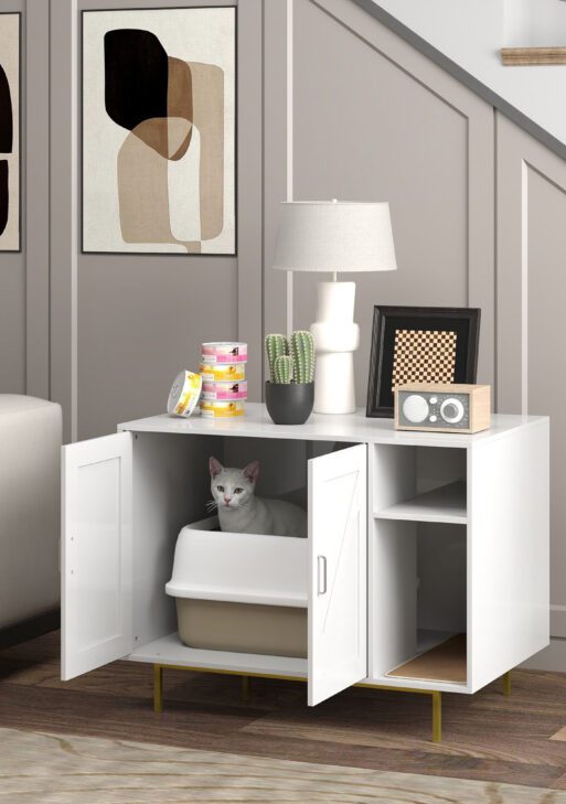Cat Litter Box Enclosure End Side Table with Scratching Pad, Storage, for Living Room, Bedroom, 31.5" x 20" x 24"