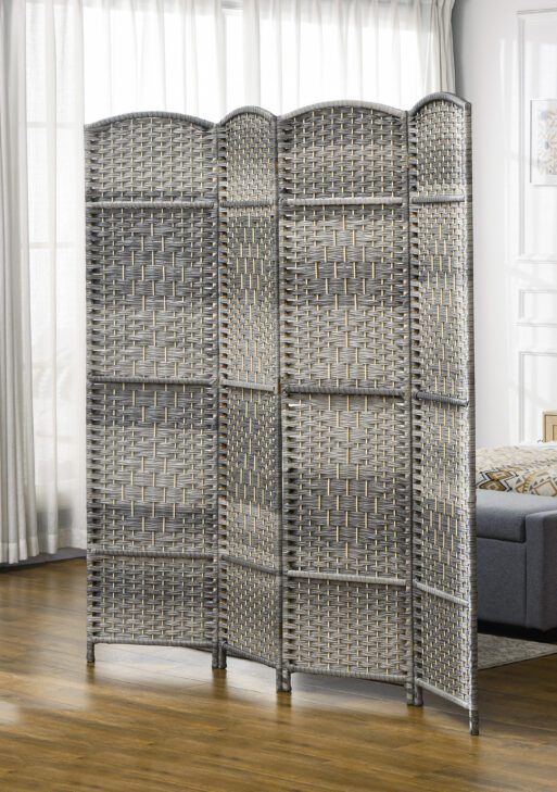 Folding Room Divider Screen 4 Panel 6' Tall Privacy Screen Freestanding Wood Partition for Home Office, Mixed Gray