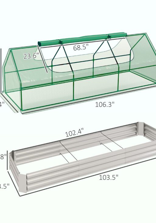 8.6 x 3 x 1ft Raised Garden Bed with Mini Greenhouse, Galvanized Raised Garden Bed with Cover for Herbs and Vegetables, Small Greenhouse for Patio Garden Balcony, Green and Silver