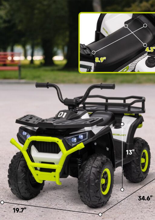 12V Kids ATV, 4 Wheeler Quad w/ 4 Spring Suspension Wheels, LED Lights, Music USB, Green