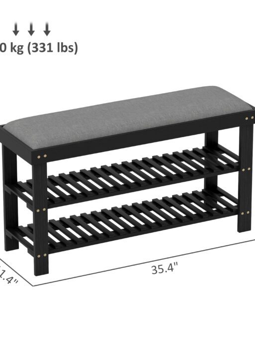 Bamboo Shoe Storage Bench, 3-Tier Entryway Bench with Cushion, Shoe Organizer for Entryway, Hallway, Black