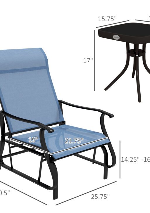 3-Piece Outdoor Gliders Set Bistro Set with Steel Frame, Tempered Glass Top Table for Patio, Garden, Light Blue