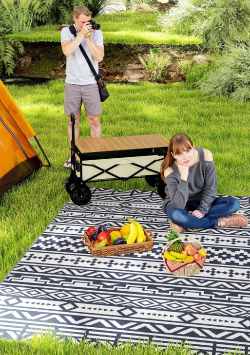 Reversible Outdoor Rug, Waterproof Plastic Straw with Carry Bag, 6' x 9', Blue & White Geometric