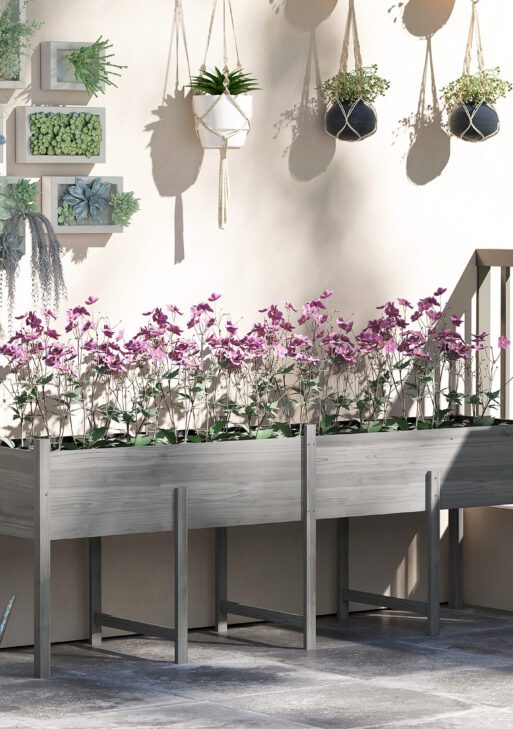 Wooden Raised Garden Bed, Large Elevated Planter Box with Legs, Bed Liner and Drain Holes, 7.4' x 1.8' x 2.6', Gray