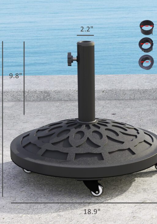 Round Patio Umbrella Base with Wheels, 46 lbs Resin Umbrella Stand Base, Heavy Duty Patio Umbrella Holder for 1.3"/1.5"/1.9" Umbrella Poles for Outdoor, Lawn, Poolside, Black