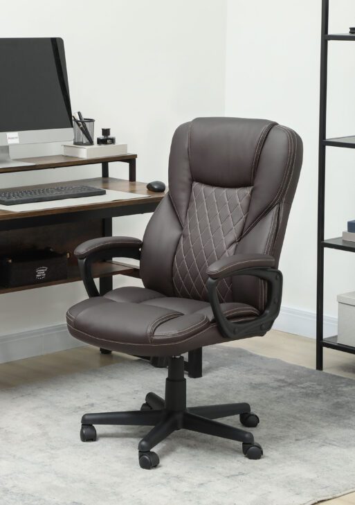 High Back Ergonomic Office Chair, PU Leather Executive Desk Chair with Adjustable Height and Swivel Wheels, Brown