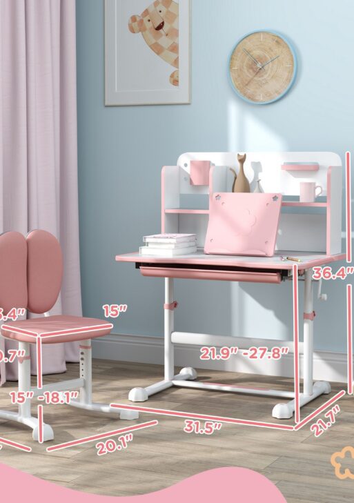 Height Adjustable Kids Desk and Chair Set for Writing Drawing w/ Tilt Desktop, Storage Drawer and Reading Rack, Pink