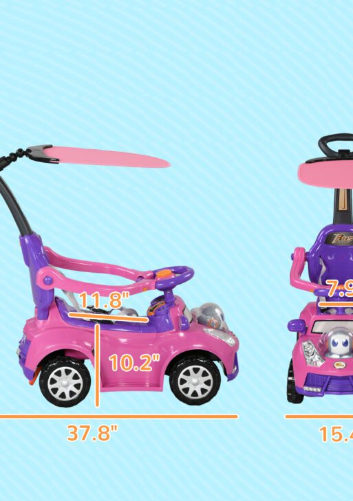 3 in 1 Push Car Sliding Car with Removable Handle, Music, Horn, Canopy, Safety Guardrail, Pink