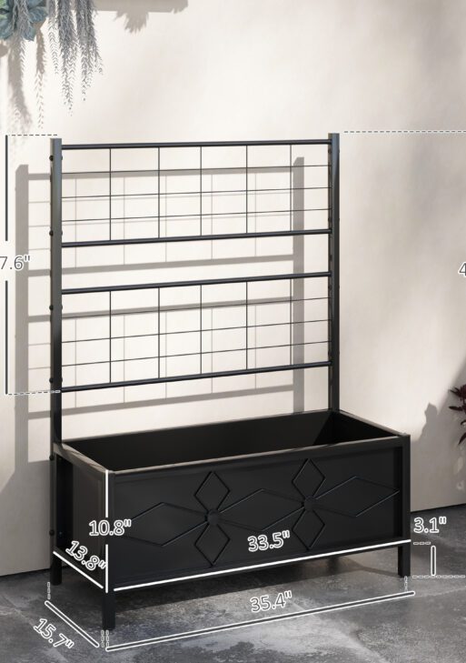 Outdoor Planter Box Galvanized Raised Garden Bed with Trellis for Climbing Vines, 35.4" x 15.7" x 47.2", Black