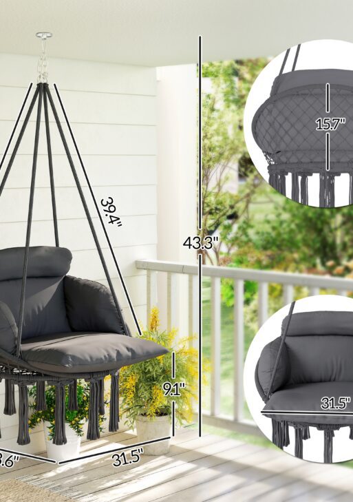 Hammock Swing Chair, Macrame Hanging Chair with Large Cushion, Chain, Steel Frame for Indoor Outdoor Use, Dark Gray
