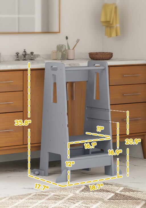 Height Adjustable Toddler Tower w/ Safety Rail, Handlbar, for Bathroom, Kitchen, Gray