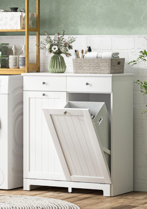 Laundry Hamper Cabinet, Laundry Cabinet with 2 Tilt Out Laundry Baskets and 2 Drawers, White