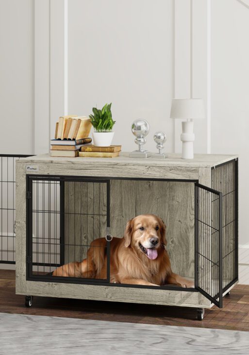 39" Dog Crate Furniture End Side Table with Wheels, Interchangeable Side Door, for Large Dogs, Gray