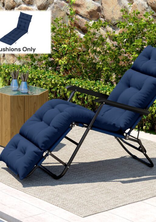 Outdoor Chaise Lounge Cushion, Tufted Thick Patio Lounge Chair Cushion with Ties, 74.8 in. x 22 in. x 4 in., Navy Blue