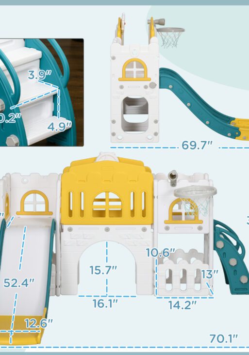 8 in 1 Toddler Slide for Kids Age 1-3 Years with Basketball Hoop, Climber, Telescope, Tunnel, Steering Wheel, Aisle