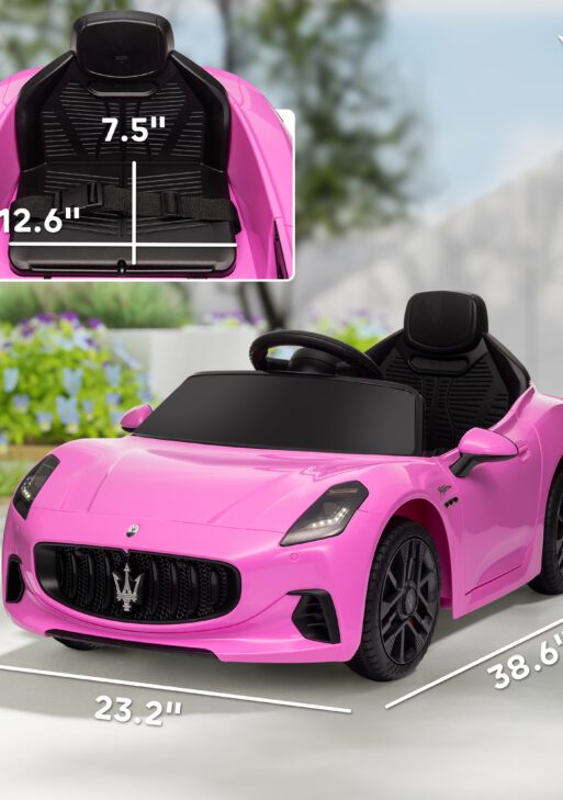 Maserati Gran Turismo Licensed 12V Kids Electric Car w/ Remote Control, Soft Start, LED Lights, Music, Horn, Pink