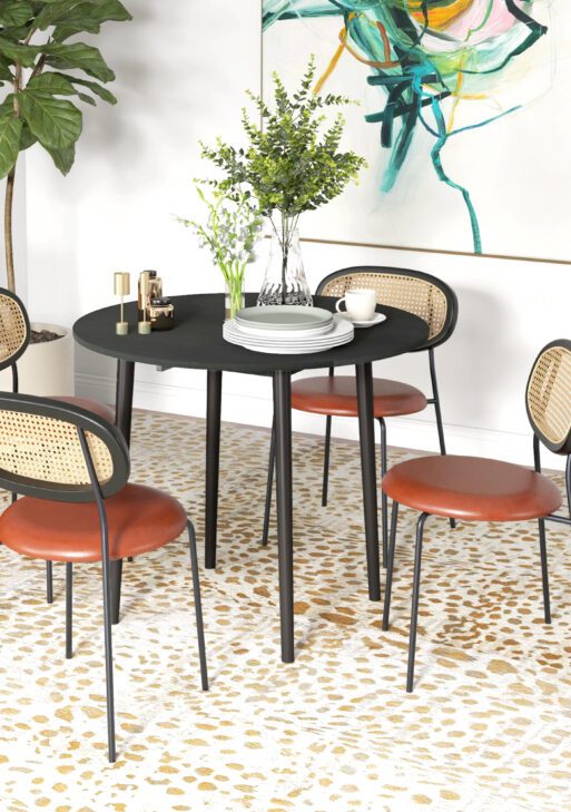 Folding Dining Table, Round Drop Leaf Kitchen Table for Small Spaces with Wood Legs, Black