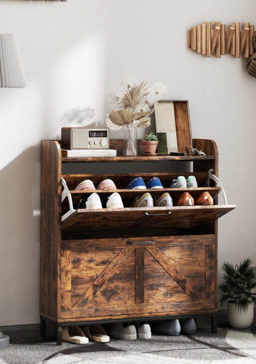 Shoe Cabinet Organizer with 2 Flip Drawers, Legs, Narrow Shoe Storage Cabinet for Entryway, Hallway, Rustic Brown