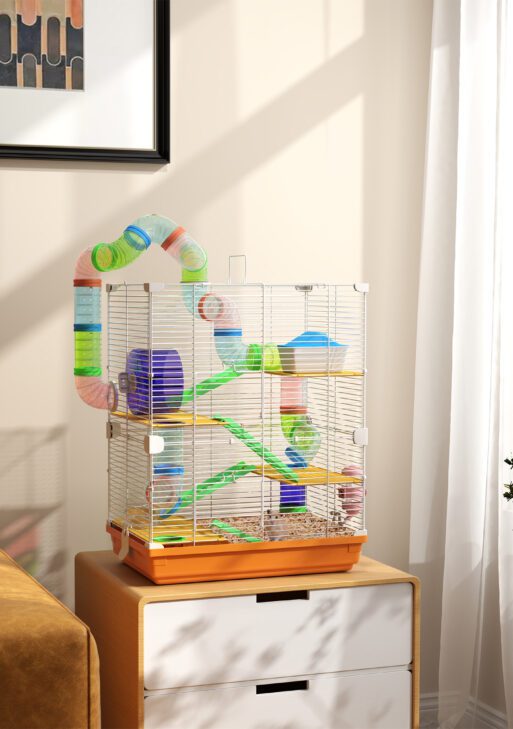 5 Tiers Hamster Cage Portable Animal Travel Carrier w/ Exercise Wheels Tube, Orange