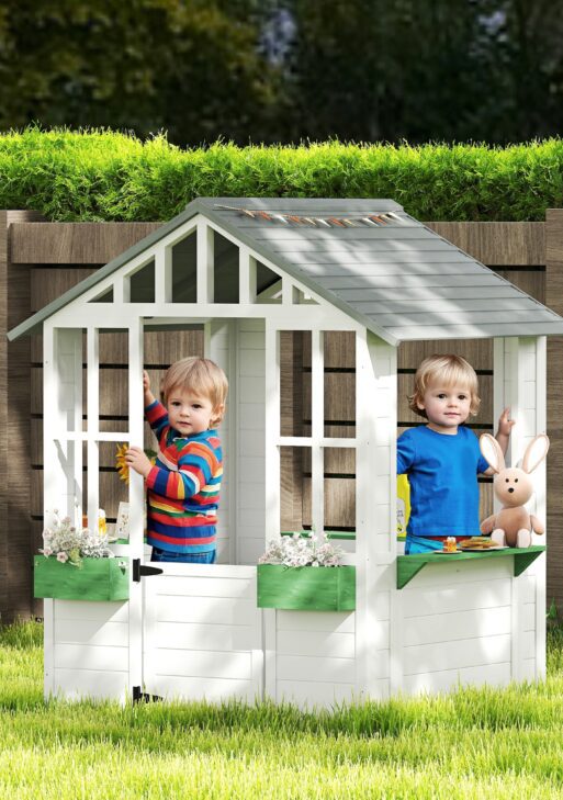 Kids Wooden Playhouse, Outdoor Garden Games Cottage with Flowers Pot Holder, Working Door, Windows, White