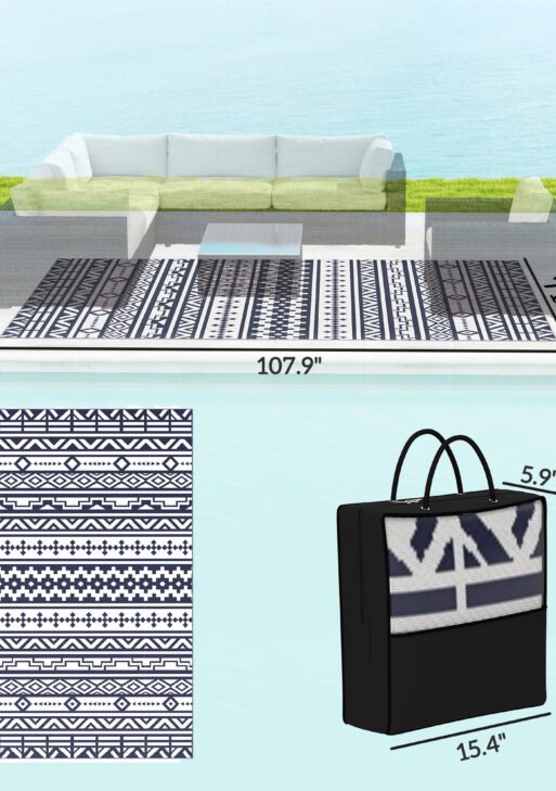 Reversible Outdoor Rug, Waterproof Plastic Straw with Carry Bag, 6' x 9', Blue & White Geometric