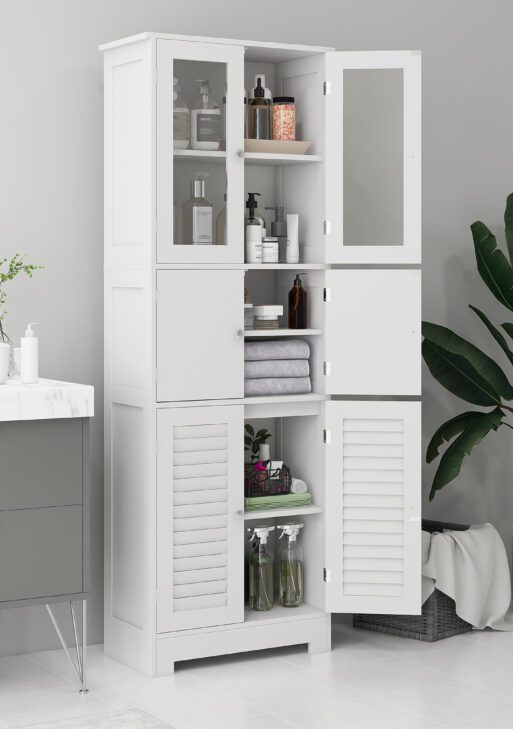 Freestanding Bathroom Cabinet with Glass/Louvred Doors, Tall Bathroom Storage Cabinet with Adjustable Shelf, White