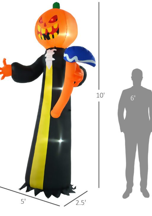 10ft Inflatable Halloween Pumpkin Head Ghost with Hammer, Blow Up LED Display for Garden Indoor Outdoor