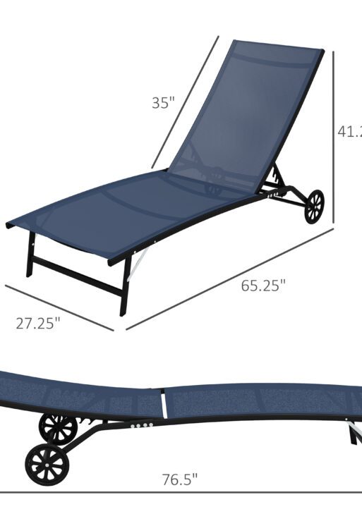 2 Piece Outdoor Chaise Lounge Chairs with Wheels, 5 Level Adjustable Backrest for Patio, Beach, Yard, Pool, Dark Blue