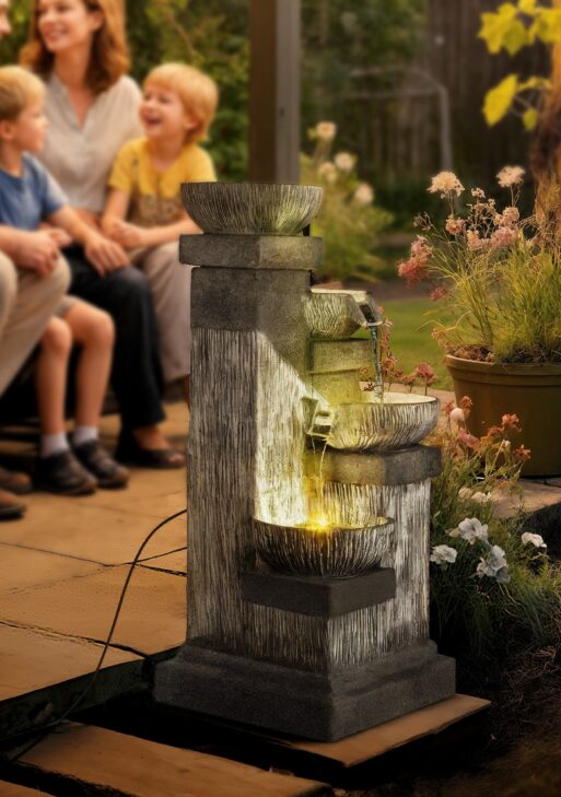 33.5" Water Fountain, 4-Tier Resin Cascading Bowls Outdoor Waterfall Fountain with LED Lights, Pump