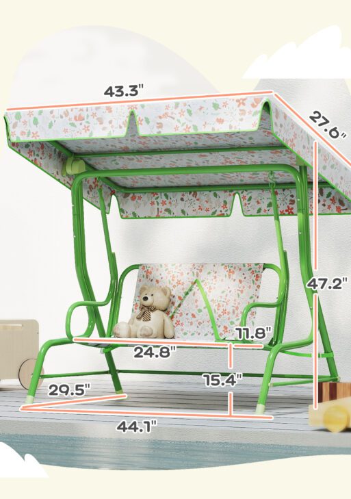 Kids Patio Swing Chair with Adjustable Canopy, Safety Belt for Patio, Garden, Poolside, Balcony, Green