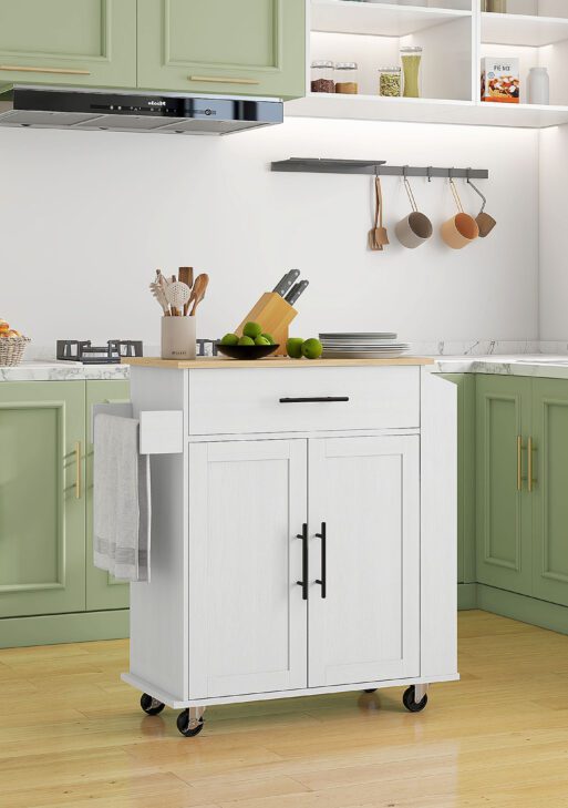 Rolling Island with Wheels for Kitchen, Kitchen Island on Rollers with Power Outlets, Drawer, and Doors, White