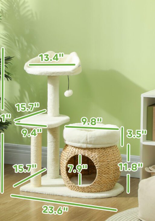 31" Cat Tree Tower with Scratching Posts, Cat Condo, Beds, Platform and Toy Ball for Indoor Cats, Cream White