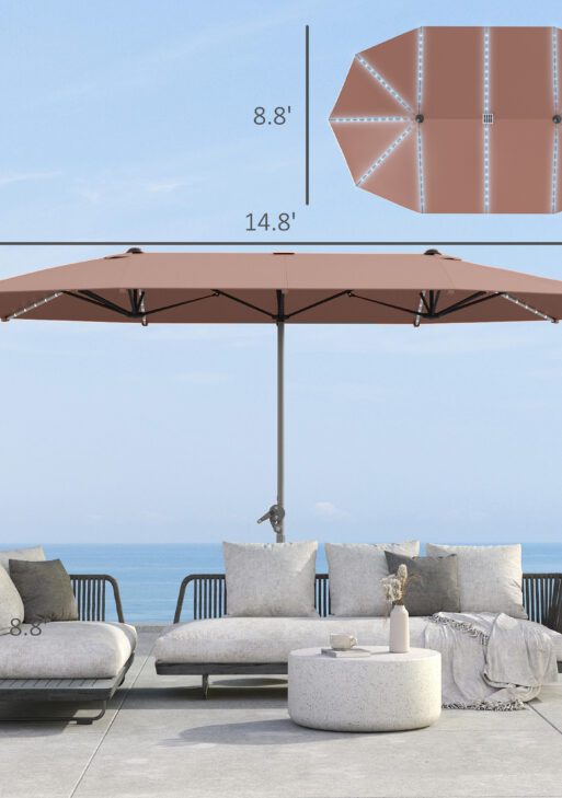 15ft Double-Sided Outdoor Umbrella with Solar Lights, UPF50+ Extra Large Aluminum Patio Umbrella with Crank, Tan
