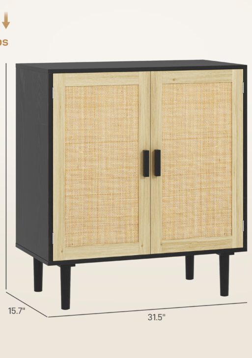 Bohemian Sideboard, 31.5" Buffet Cabinet with 2 Rattan Doors and Shelves for Living Room, Hallway, Black