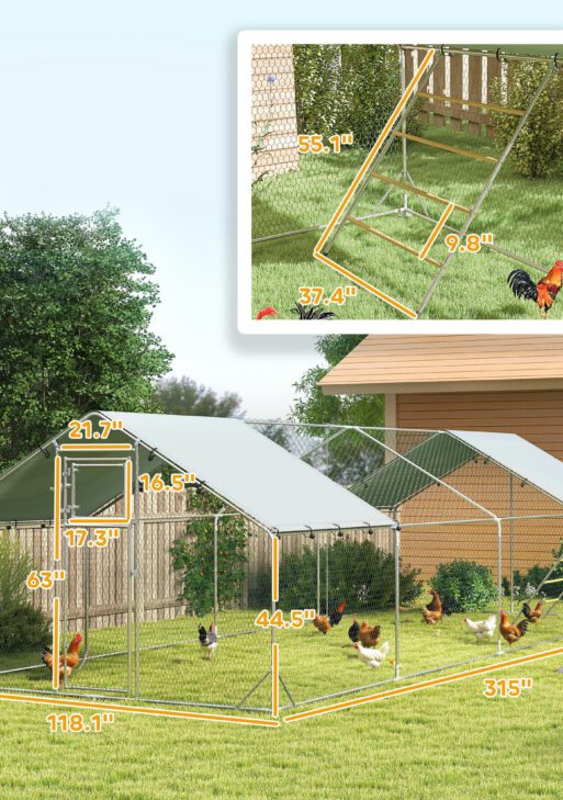 Metal Chicken Run w/ Waterproof & Anti-UV Cover, Feeding Door, Hanging Feeder, for 24-30 Chickens, 9.8' x 26.2' x 6.4'
