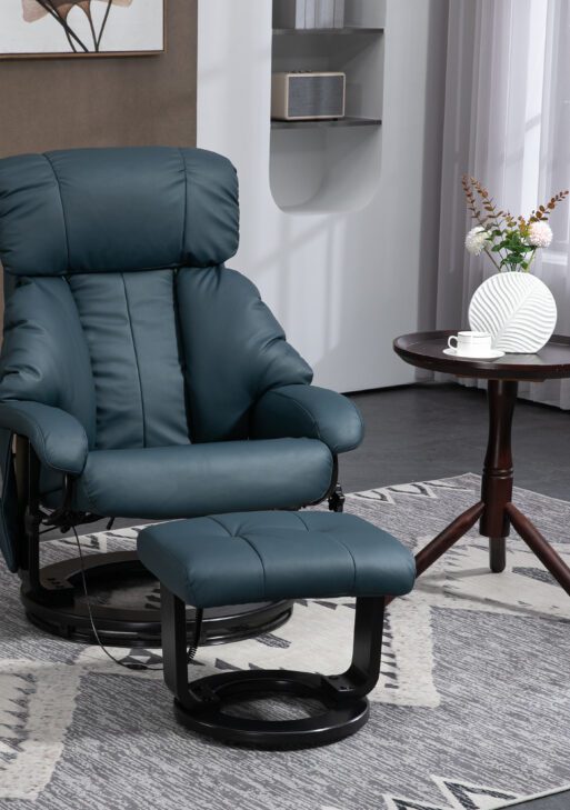 Swivel Recliner with Ottoman, Faux Leather Reclining Chair with Massage, Footstool Remote and Side Pocket, Blue