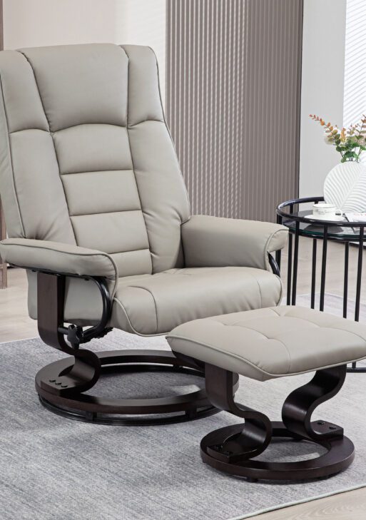 Faux Leather Recliner with Ottoman, Swivel Recliner Chair and Ottoman with High Back and Wood Base, Gray