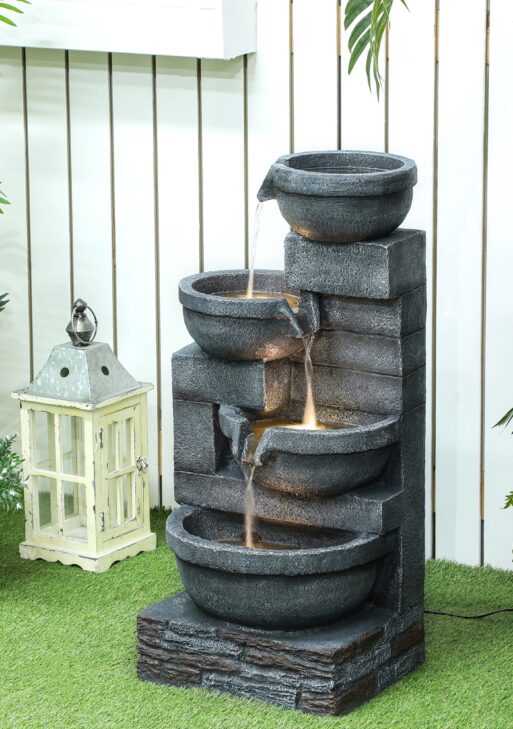 30" Tall Outdoor Waterfall Fountain with LED Lights, 4-Tier Resin Cascading Water Bowls with Pump, Gray